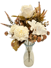 Künstlicher Strauß aus Rosen, Zinnien und Accessoires 48cm Creme