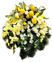 Smuteční věnec borovicový exclusive růže, tulipány, gladioly, jabloňové květy, bodlák a doplňky 70cm x 65cm AS1008