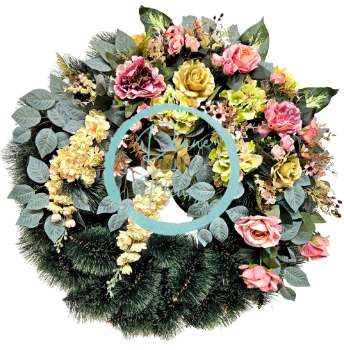 Luxusný smútočný veniec borovicový exclusive pivonky, ruže, delphinium ostrôžka, hortenzie a doplnky 90cm
