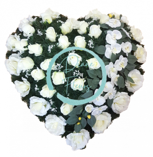 Smútočný veniec "Srdce" z umelých ruží a orchideí 80cm x 80cm biely & krémový