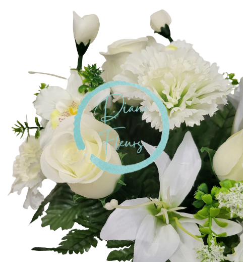 Buchet de trandafiri, garoafe, crini si orhidee x13 33cm crem flori artificiale
