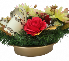 Trauergesteck aus künstliche Chrysanthemen, Rosen und Zubehör 48cm x 28cm x 20cm