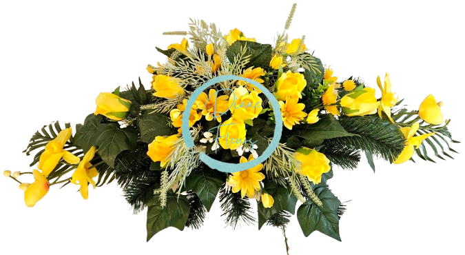 Luxusný aranžmán betonka umelé ruže, margaréty, orchidey a doplnky 100cm x 45cm x 28cm