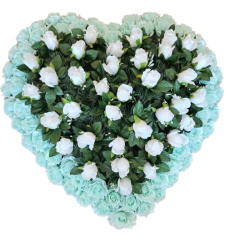 Temetési koszorú "szív" rózsák 80cm x 80cm türkiz, fehér