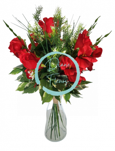 Vázaná kytice Exclusive růže, gladioly mečíky, doplňky 53cm umělá