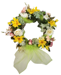 Prútený veniec ozdobený umelými ružami, pivonkami, margarétkami a hortenziami Ø 30cm