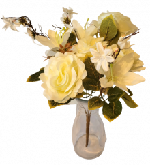 Bukiet róż, stokrotek i lilii x7 kremowy 44cm sztuczny