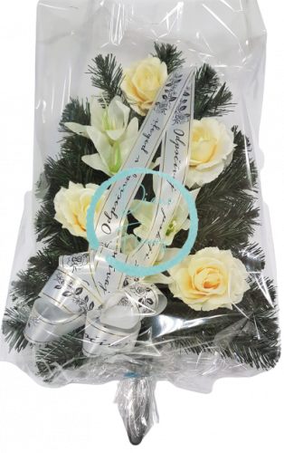Smútočný veniec pero 46cm x 35cm Ruže a Ľalie so stuhou "Odpočívaj v pokoji" v celofáne kremová umelý