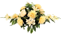 Groß trauergesteck aus künstliche Chrysanthemen, Rosen, Gladiolen und Zubehör 85cm x 45cm x 28cm