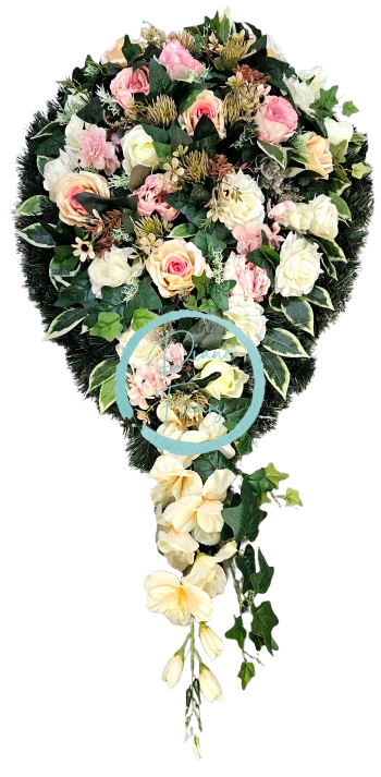 Coroană mare și luxoasă "frunze" de bujori artificiali, trandafiri, hortensii, gladiole si accesorii 120cm x 65cm