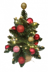 Umelý vianočný stromček ozdobený Vianočnými guľami a svetielkami 42cm