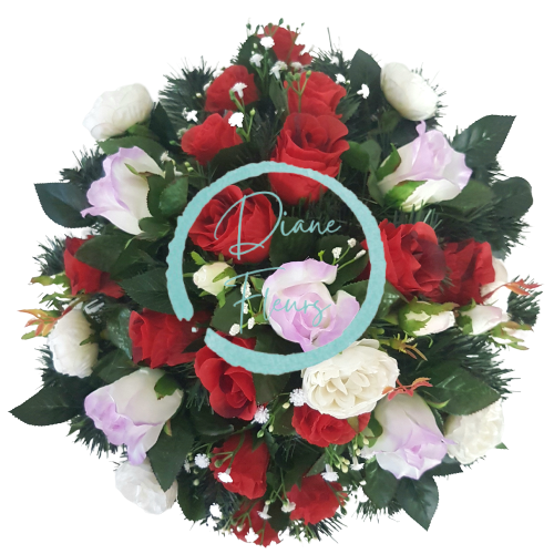 Smútočný veniec z umelých ruží a pivoniek Ø 44cm červená, fialová, krémová