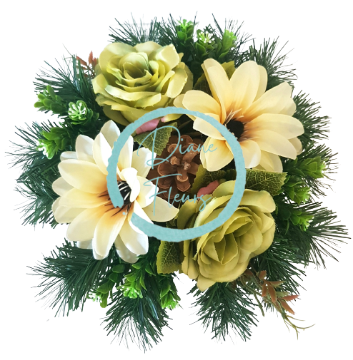 Smútočný aranžmán betonka umelé ruže, clematis & doplnky Ø 28cm x 15cm