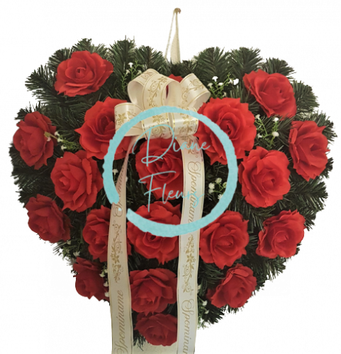 Smuteční věnec srdce 55cm x 55cm s Růžemi se stuhou červená umělý