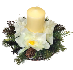 Weihnachtskomposition mit Kerze und Magnolia 23cm x 20cm
