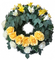 Coroana cu trandafiri, crini artificiali și accesorii Ø 60cm crem, galben