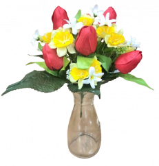 Tulipány a narcisy kytice umělá x12 33cm červená, žlutá