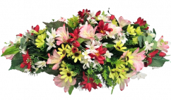 Trauergesteck aus Mischung aus künstlichen Blumen und Zubehör 60cm x 34cm x 22cm