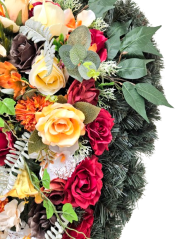 Artificial Wreath Tear Shaped with roses, dahlias, chrysanthemums, lilies, fern and accessories 110cm x 60cm