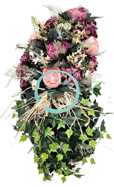 Smútočný veniec esíčko umelý brečtan, pivonky, hortenzie a doplnky 100cm x 45cm