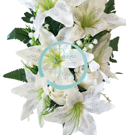 Umelá kytica ležatá ruže, ľalie a doplnky x18 74cm x 35cm krémová