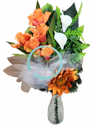 Artificial funeral hand bouquet of iris, calla, sunflower and accessories 73cm x 35cm