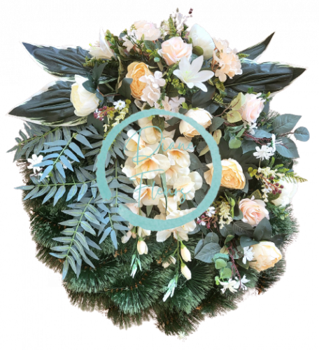Temetési fenyőkoszorú Exkluzív rózsák, bazsarózsa, kardvirág és kiegészítők 70cm x 80cm