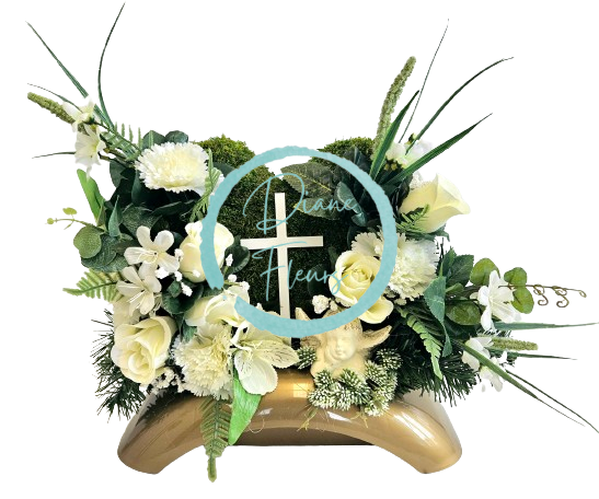 Sympathy arrangement made of artificial Roses, Lilies, Mossy wreath, Angel and Accessories 46cm x 20cm x 28cm