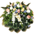 Coroană funerara de pin Exclusiv trandafiri artificiali, bujori, delphinium și accesorii 70cm x 80cm