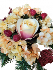 Sympathy arrangement made of artificial Rose, Hydrangea, Raspberries and Accessories 22cm x 15cm
