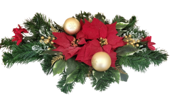 Trauergesteck aus künstliche Weihnachtsstern, Weihnachtskugel und Zubehör 60cm x 30cm x 16cm