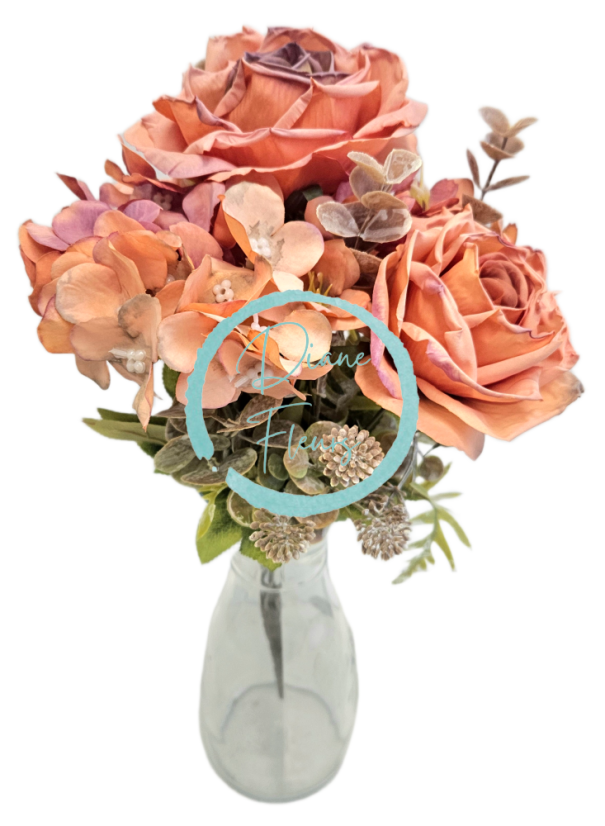 Изкуствен букет от рози, хортензии и аксесоари х9 44 см оранжеви