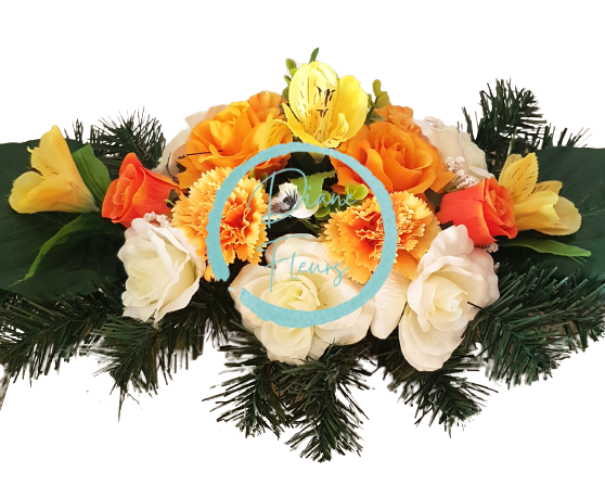 Piękna kompozycja żałobna owe sztuczne róże, goździki, alstromeria i dodatki 60cm x 30cm x 23cm żółty, kremowy, pomarańczowy