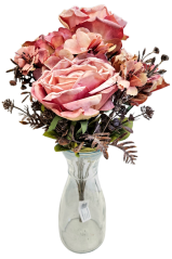 Umělá kytice růže, hortenzie a doplňky 44cm růžová