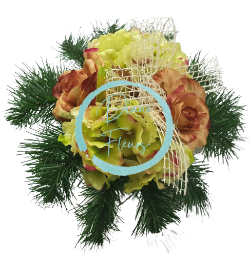 Aranžmán betonka Hortenzie & Růže & Doplňky 30cm x 20cm zelená & hnědá AS9