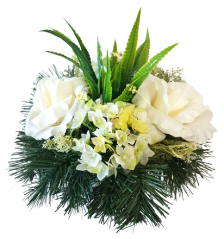 Žalobni aranžman umjetne ruže, hortenzija i dodaci Ø 28cm x 22cm