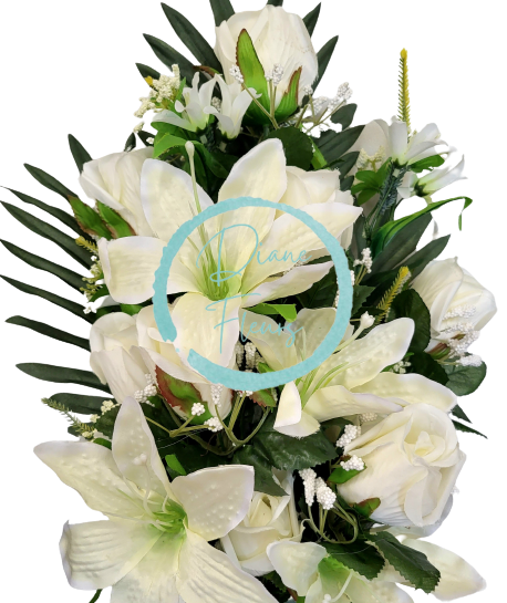 Buket ruža i ljiljana x18 kremasta 62cm umjetna