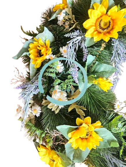 Luxusný smútočný veniec borovicový exclusive slnečnice, levanduľa, margarétky a doplnky Ø 90cm