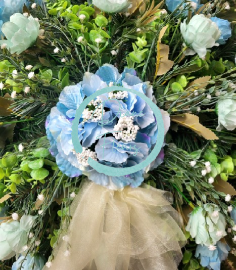 Smútočný veniec kruh umelé peónie pivonky, hortenzie a doplnky Ø 80cm