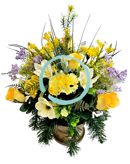 Trauergesteck aus künstliche Nelken, Rosen und Zubehör Ø 40cm x 40cm