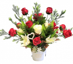 Flower Box cu trandafiri, crini, sparanghel, ferigi si accesorii 75cm x 40cm x 60cm