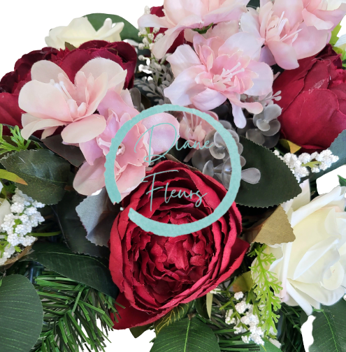 Sympathy arrangement made of artificial Peonies, Roses and Accessories 65cm x 38cm x 23cm