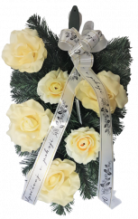 Smútočný veniec pero 46cm x 35cm Ruže so stuhou "Odpočívaj v pokoji" žltá umelý