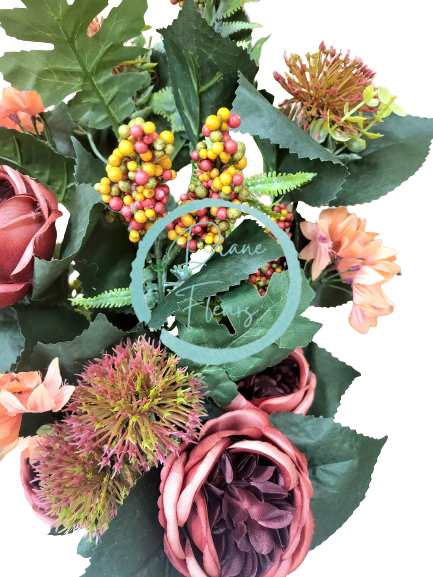 Луксозен изкуствен букет от божури, хортензия, магарешки бодил и аксесоари х18 65 см