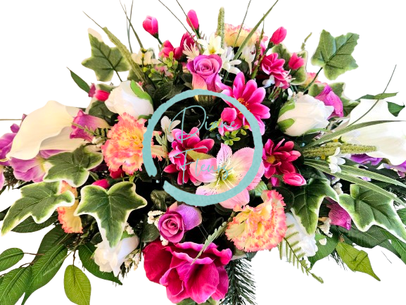 Luxuriöse Trauergesteck aus künstliche Rosen, Gänseblümchen, Nelken, Alstromerien, Calla Lilien, Gladiolen und Accessoires 105cm x 50cm x 40cm