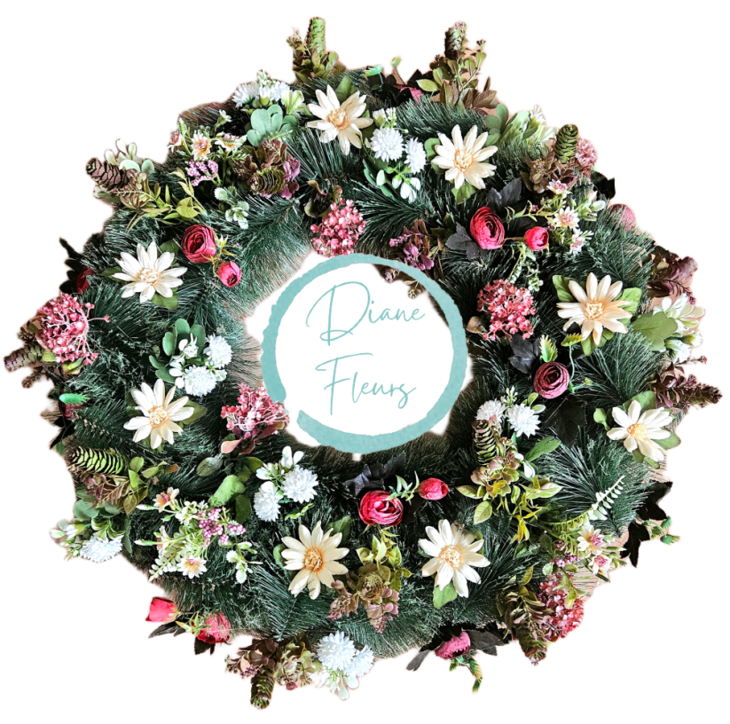 Luxusný smútočný veniec borovicový exclusive ranunculus, margarétky, chryzantémy, drobné kvietky, chmeľ a doplnky 65cm