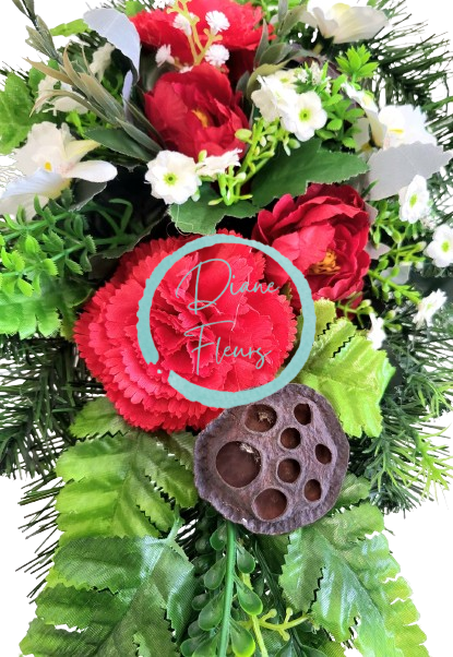 Sympathy arrangement made of Artificial Carnations, Kalanchoe and Accessories 45cm x 27cm x 16cm