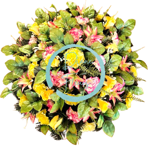 Artificial wreath decorated with Carnations, Roses, Lilies and accessories 60cm