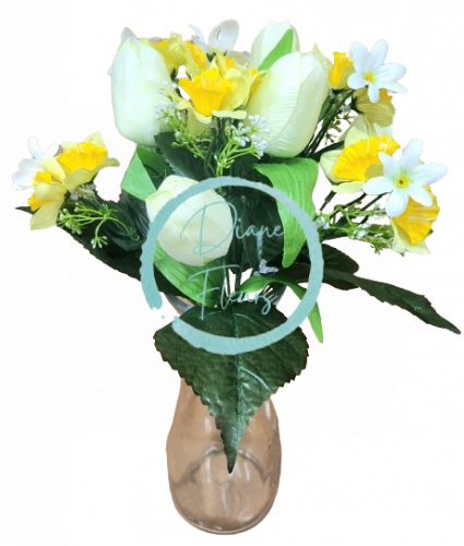 Artificial Tulips & Narcissus Bouquet x12 33cm Cream, Yellow