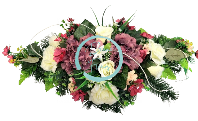 Sympathy arrangement made of artificial Roses, Hydrangeas and Accessories 62cm x 30cm x 20cm